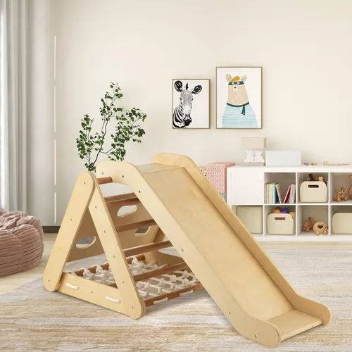 Vista 8 de Costzon Juguete de escalada 4 en 1 para niños pequeños, trepador de triángulo de madera Montessori de 3 lados con rampa deslizante, red de escalada