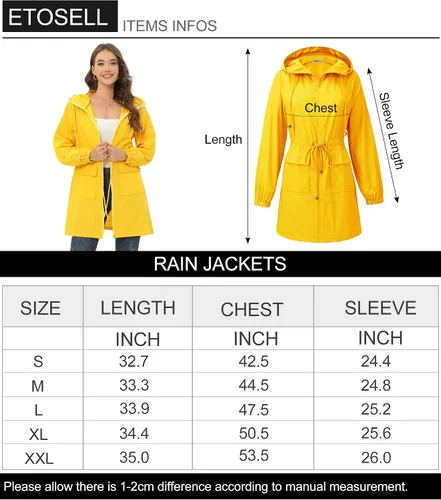 Vista 6 de ETOSELL Chaqueta impermeable para mujer con capucha, para exteriores, larga, plegable, rompevientos ligeros