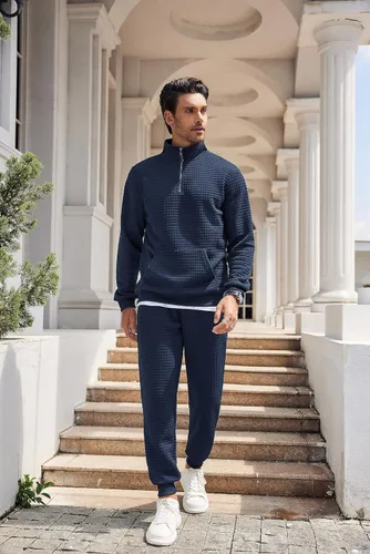 Vista 4 de COOFANDY Conjunto deportivo de 2 piezas para hombre, ajuste relajado, con media cremallera, para correr