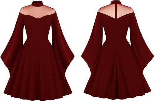 Vista 3 de Vestido retro gótico de Halloween de malla de manga larga vestido negro Emo vestido de noche de bola