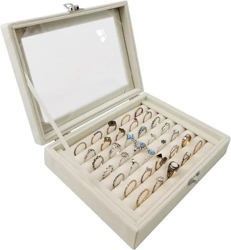 Vista 5 de Caja organizadora de anillos de terciopelo con tapa transparente para mujeres, niñas y adolescentes, joyero pequeño de cristal, color beige