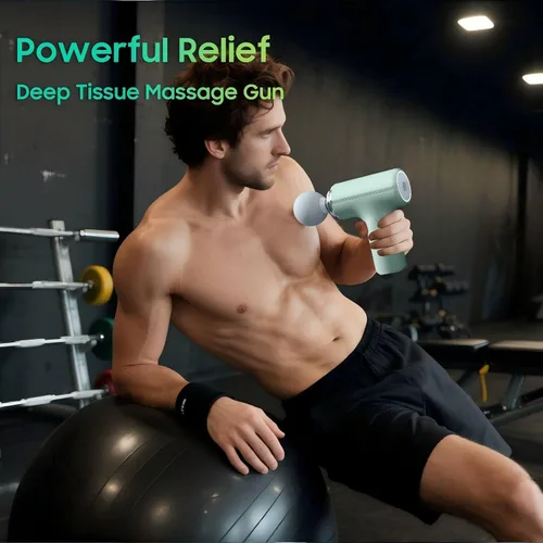 Vista 4 de Pistola de masaje con calor - ¡Increíble poder! Masajeador de percusión de tejido profundo, mini pistola muscular de mano, 7 cabezales de masaje