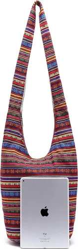 Vista 7 de Bolsa de hombro para mujer, de lona en estilo hippiebohemio para llevar cruzada al hombro, disponible en diferentes colores y estampados