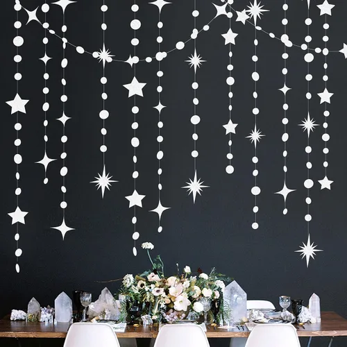 Vista 7 de Guirnalda de papel dorada para decoración de fiesta con estrellas, círculos y puntos, papel brillante, banderines, serpentinas metálicas