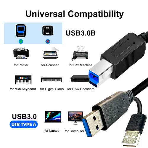 Vista 3 de Cable largo USB 3.0 para impresora B de 25 pies, USB-A macho a USB-B 3.0 macho cable ascendente compatible con estación de acoplamiento, discos