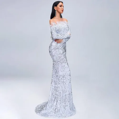 Vista 4 de VA Vestido largo sin tirantes para mujer, sin tirantes, manga larga, espalda descubierta, hasta el suelo, con lentejuelas, para boda, fiesta de noche