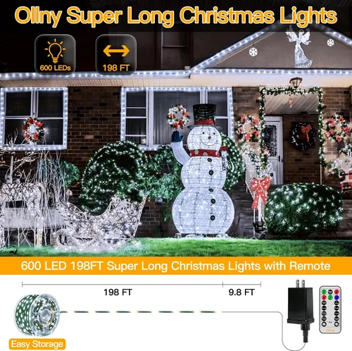 Vista 2 de Ollny Luces de Navidad, 198 pies, 600 LED para exteriores, impermeables, con enchufe, luces para árbol de Navidad con 8 modos, control remoto