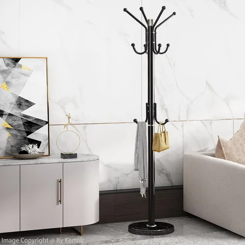 Vista 2 de Kertnic Perchero moderno independiente con base de mármol natural y marco de metal resistente, 11 ganchos árbol de vestíbulo para chaquetas