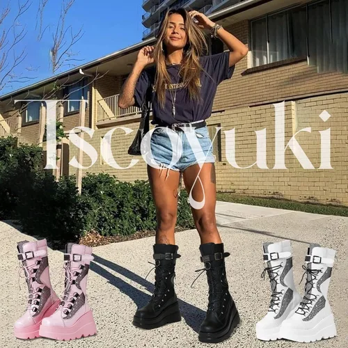 Vista 3 de Tscoyuki Botas góticas de plataforma para mujer, tacón de cuña grueso, botas de combate con cordones y cremallera, punta redonda, botas de media