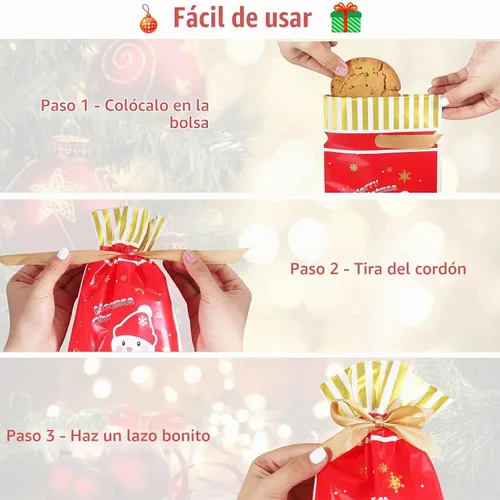 Vista 4 de Heniho 60 bolsas de golosinas de Navidad, 4 x 6 pulgadas con cordón, bolsas de galletas para dulces, regalos de fiesta