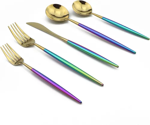 Vista 9 de Juego de cubiertos Coloful Rainbow Handle Silver de 5 piezas, espejo de acero inoxidable 18/10, servicio para 1 plateado