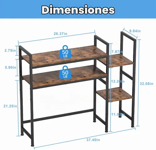 Vista 3 de Estantería de escritorio, 37.4" W escritorio Hutch Dorm, para oficina en Marrón
