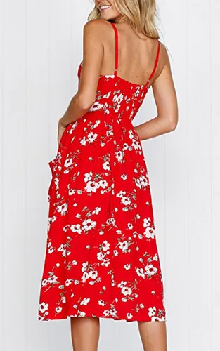 Vista 36 de Angashion - Vestido floral de verano estilo bohemio para mujer, con botones, bolsillos y tiras ajustables