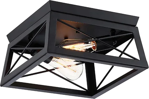 Vista 11 de 1 Light Black Industrial Flush Mount Ceiling Light Fixture - Square Farmhouse Caged Ceiling Light for Closet Kitchen Hallway Porch, E26, Dimmable