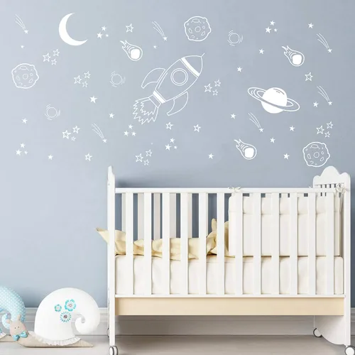Vista 3 de Calcomanía de pared espacial para guardería, decoración del espacio exterior, cohete, decoración de habitación de niños, planetas para guardería