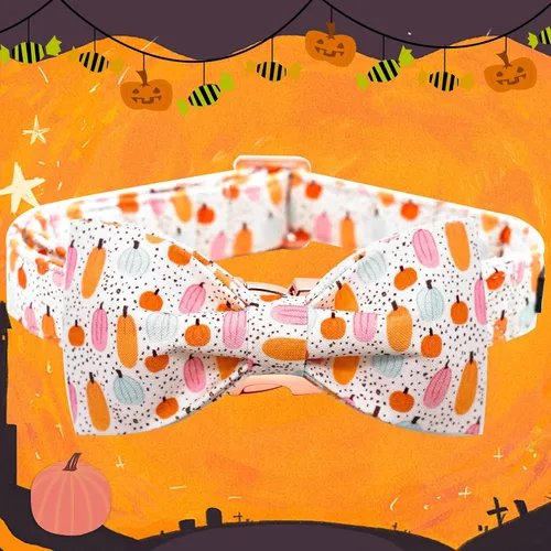 Vista 3 de Elegant little tail Collar de perro de Halloween, collares de perro de otoño naranja calabaza collar de mascota festivo collar de corbatín