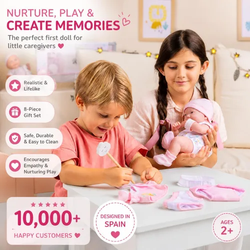 Vista 6 de JC Toys - Juego de regalo de 8 piezas de muñeca bebé Layette La Newborn Nursery Muñeca recién nacida afroamericana realista de 14 pulgadas