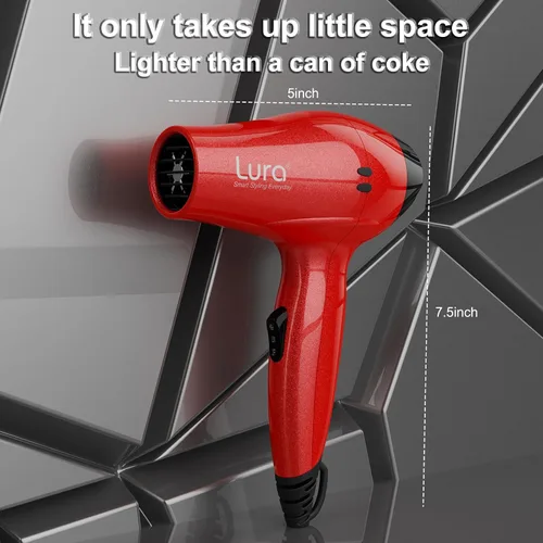 Vista 2 de LURA Secador de pelo de viaje con difusor, pequeños secadores de pelo de doble voltaje para mujeres, mini secadora portátil para hombres, secador