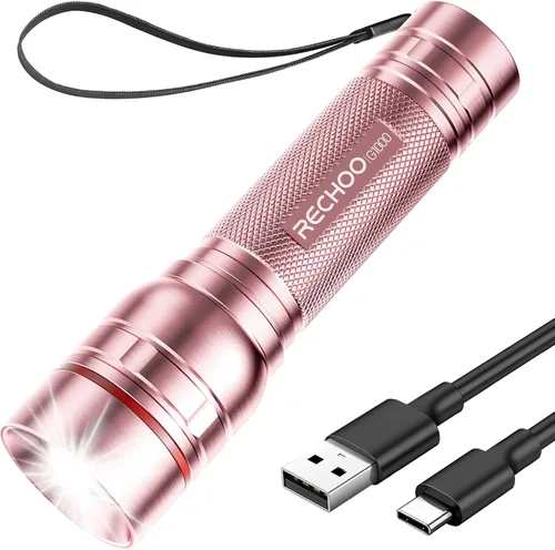 Vista 24 de RECHOO Linternas recargables de alta luminosidad, G1000 súper brillante, pequeña linterna LED con zoom y 3 modos de iluminación, linterna táctica