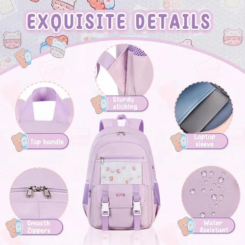 Vista 6 de Bluboon Mochila para niñas y niños con lonchera de mármol para escuela escolar para jardín de infantes y escuela primaria, Púrpura, Mochilas Daypack