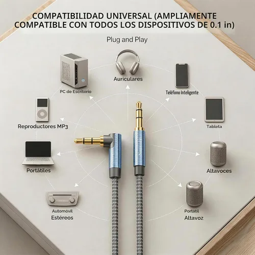 Vista 4 de Cable AUX de 1 pie/0,3 m, cable de audio estéreo de 3,5 mm, cable auxiliar estéreo macho a macho de 90 grados, cable TRS de ángulo recto compatible