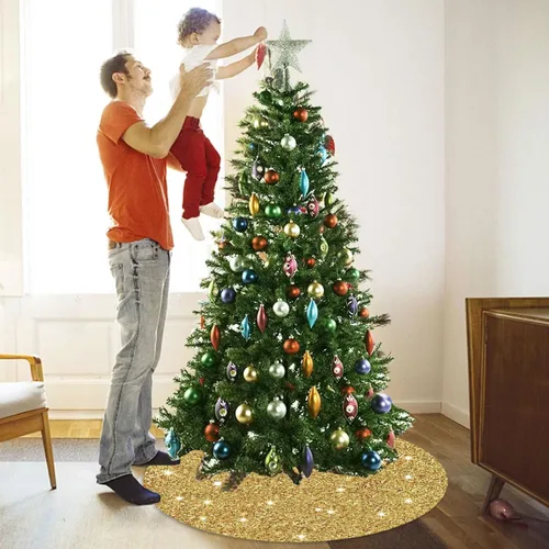 Vista 5 de Faldón para árbol de Navidad con lentejuelas doradas brillantes de 21 pulgadas, faldón de terciopelo con lentejuelas para árboles delgados, collar