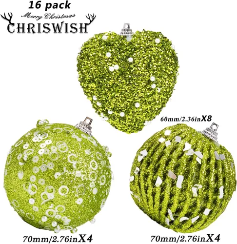 Vista 2 de 16 adornos de corazón verde y bolas de Navidad, decoraciones de bolas de Navidad, bolas de perlas colgantes de plástico inastillables para fiestas