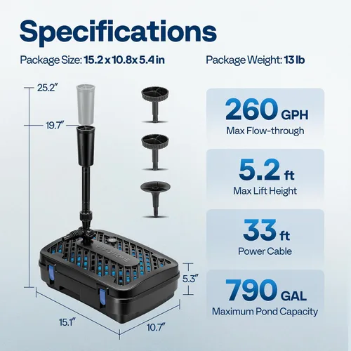 Vista 7 de VIVOHOME Kits de Sistema de Fuente de Filtro de Estanque Todo en Uno, Bomba de Agua Sumergible de 260 GPH para Estanques de hasta 790 Galones