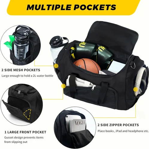 Vista 3 de Vorspack Bolsa deportiva de lona Bolsa de gimnasio de 2124 pulgadas para mujeres y hombres, bolsa de lona ligera con botella de agua, Negro