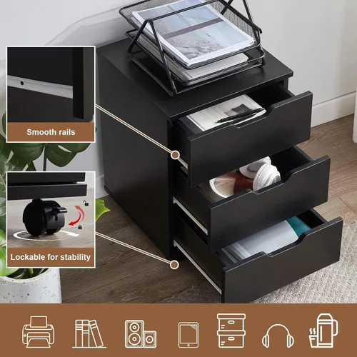 Vista 4 de Soohow Archivador móvil de madera de 3 cajones con ruedas para oficina en casa