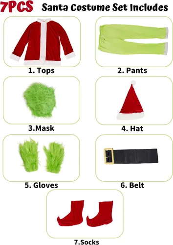 Vista 4 de Christmas Costume for Men Adult Green Big Monster Santa Suit 7PCS Deluxe Furry Halloween Cosplay Outfit Set Holiday