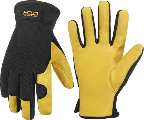 Vista 10 de HANDLANDY Guantes de jardinería de cuero para hombre, guantes de trabajo utilitarios para mecánicos, construcción, conductor