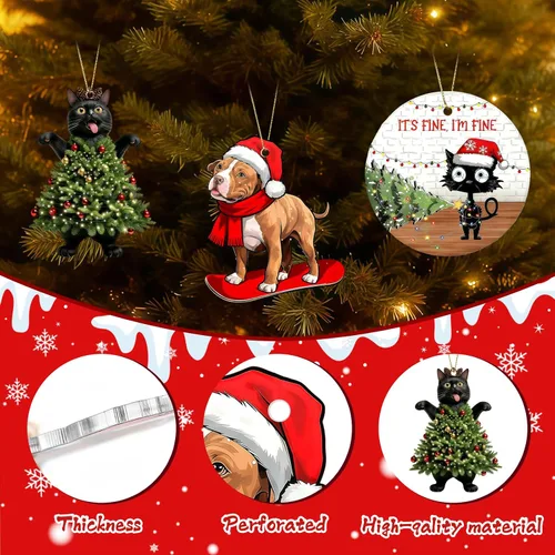 Vista 4 de Adornos colgantes de gato para Navidad 2025, Adornos colgantes para árbol de Navidad de gato negro, Está bien, estoy bien, suministros de decoración