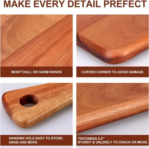 Vista 7 de Tabla de cortar de madera de acacia con mango para cocina, tablas de cortar de madera pequeñas para fruta, queso, pan, carne, charcutería, servir