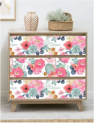 Vista 3 de Papel tapiz removible con diseño floral de cactus rosa, azul marino, vinilo autoadhesivo y prepegado decorativo para niñas y mujeres, armarios