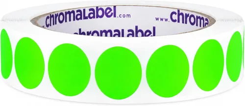 Vista 8 de ChromaLabel Kit de puntos verdes y amarillos fluorescentes con código de color extraíble de 3/4 pulgadas, 2 rollos, 1000/rollo