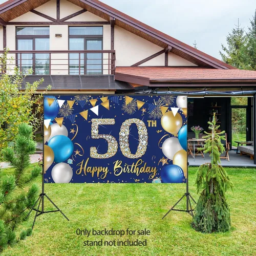Vista 4 de Telón de fondo de decoración de cumpleaños 50 para hombres, decoraciones de feliz cumpleaños 50 para hombres, fondo azul para fotografía