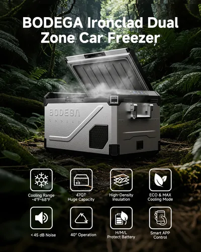 Vista 2 de BODEGA Refrigerador portátil de 12 V, refrigerador de acero inoxidable de 47 cuartos de galón con divisor extraíble para modos MAX/ECO de doble zona