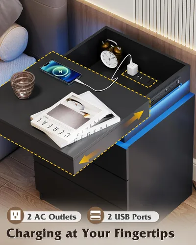 Vista 5 de WLIVE Mesita de noche con estación de carga y luces LED, moderna mesita de noche con 3 cajones y parte superior deslizante, mesa auxiliar con Negro