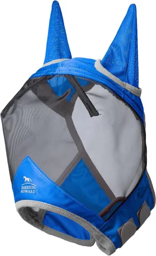 Vista 18 de Harrison Howard Máscara de mosca de caballo luminosa profesional estándar con orejas protección UV para caballo, azul y plateado, pequeño poni Azul