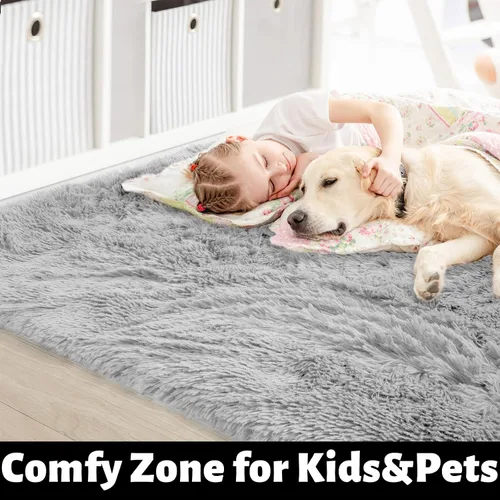 Vista 2 de Alfombra gris claro para dormitorio, 5 x 7 pies, esponjosa, peluda, rectangular, para sala de estar, para habitación de niños, para cuarto de bebé