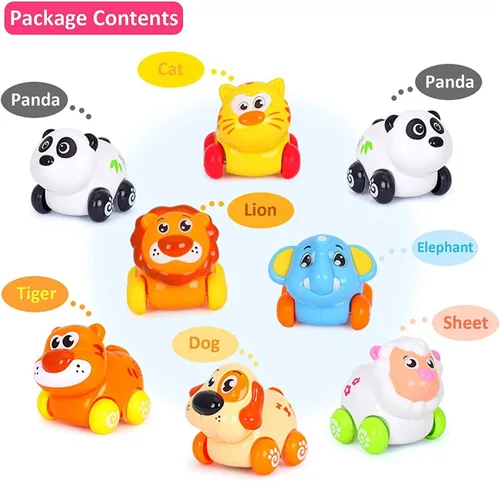 Vista 3 de Liberty Imports Juego de 8 piezas de animales de dibujos animados de juguete de fricción para bebés y niños pequeños Lindos mini vehículos