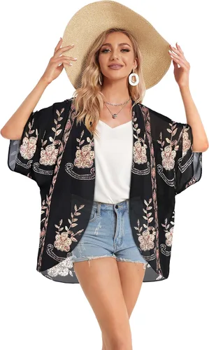 Vista 4 de Cárdigan tipo kimono para mujer, de manga abombada con estampado floral, casual