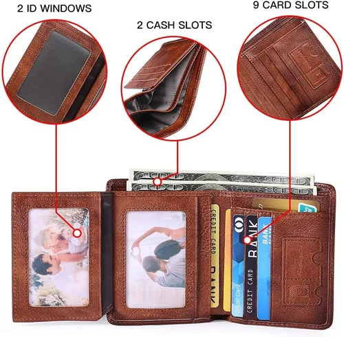 Vista 8 de GOIACII - Cartera de piel auténtica para hombre con bloqueo RFID con 2 ventanas de identificación 2 compartimentos para billetes tarjetas SIM