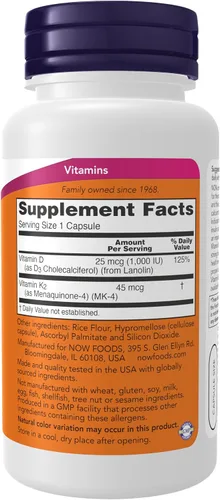 Vista 3 de Now Foods Vitamina D-3 y K-2 – 120 Cápsulas vegetales