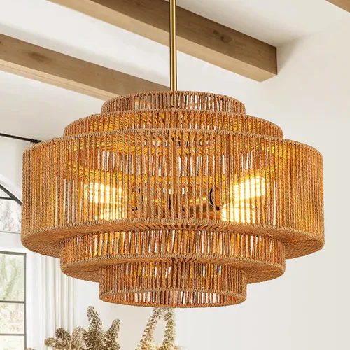 Vista 12 de Lámpara de araña bohemia de ratán de 17.7 pulgadas, lámpara de tambor dorada tejida a mano con 4 luces, lámpara de granja para comedor, dormitorio