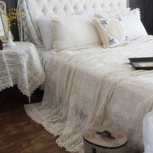 Vista 7 de ABREEZE Juego de ropa de cama vintage de algodón con ganchillo, colcha floral de encaje beige con fundas de almohada, 3 piezas, tamaño Queen