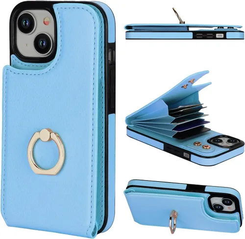 Vista 16 de Folosu Compatible con iPhone 15 Funda cartera con tarjetero con rotación de 360°, soporte de anillo de dedo con función atril, bloqueo RFID, de Negro