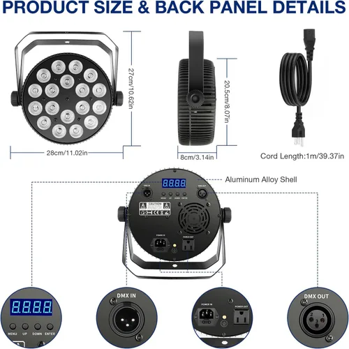 Vista 7 de Luz LED para escenario, 18 x 10 W, RGBWA+UV 6 en 1, efecto de lavado/estroboscópico con carcasa de aleación de aluminio por DMX Control Uplighting