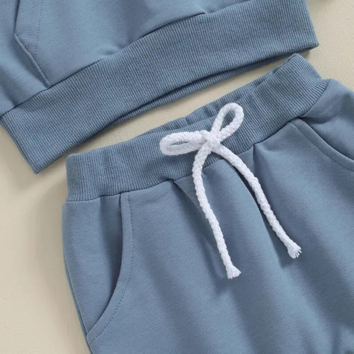 Vista 6 de Ropa de otoño e invierno para bebé niño y niña, color sólido, manga larga, sudadera con capucha, pantalones deportivos